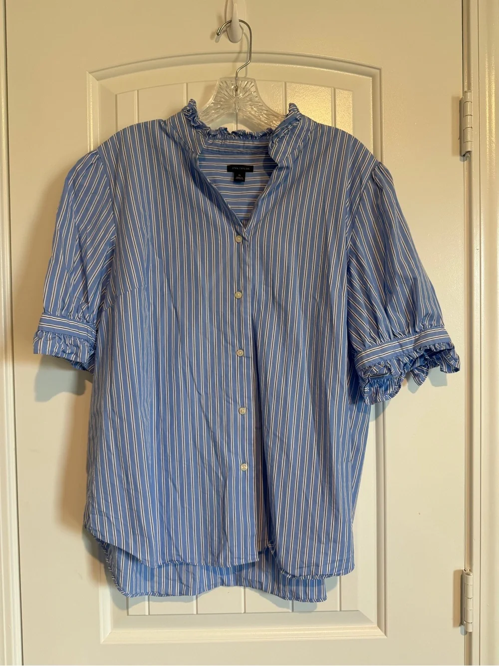 Ann Taylor Blue and White Striped Ruffle Neck Button-Front Blouse